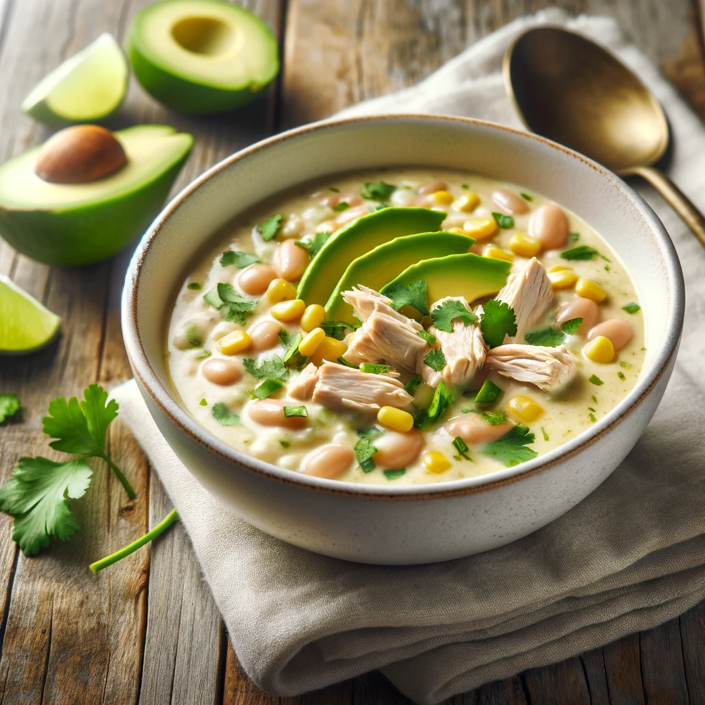 A bowl of white chicken chili surrounded by various toppings like avocado and shredded cheese.